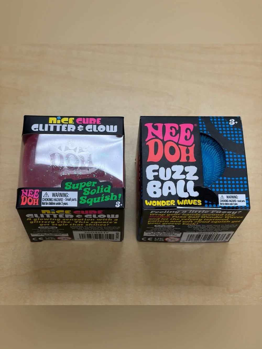 Lot of 2: Needoh Fuzz Ball Wonder/Nice Cube Glitter & Glow Fidget Blue/Pink New